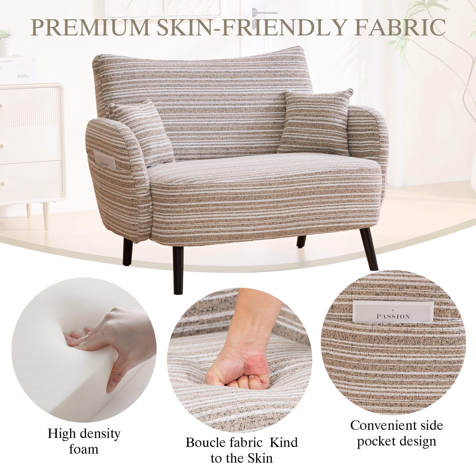 Jopath Modern Style Loveseat Sofa with Ultra-Comfortable Armrests, Armrest Pillows, and Storage Pockets, Deep-Seated Two-Seater Sofa for Bedroom, Small Spaces, Apartments Khaki