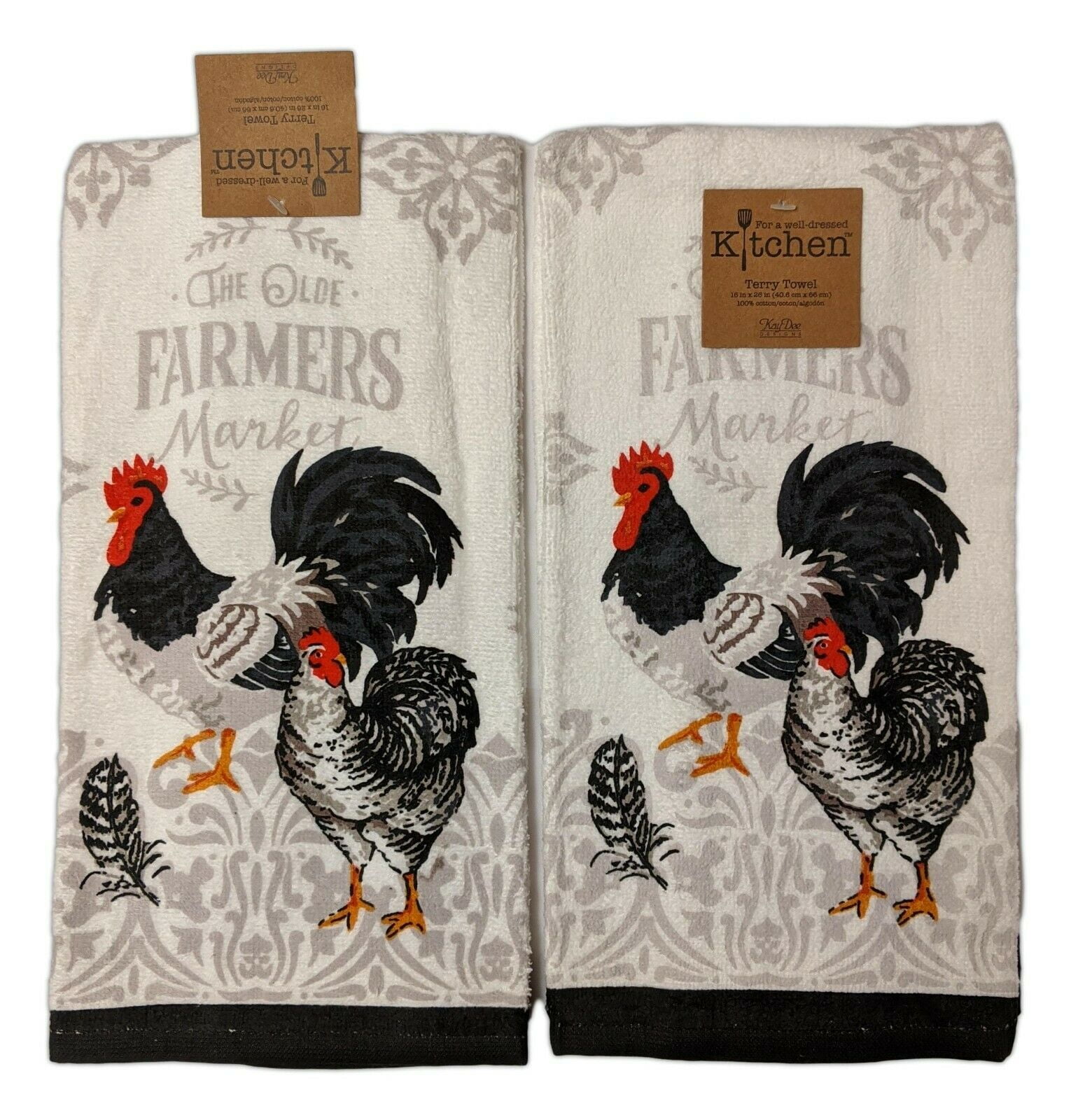 GRAIN & FEED 2 SAME PRINTED KITCHEN TOWELS AM or GE 15" x 25" BLACK ROOSTER 