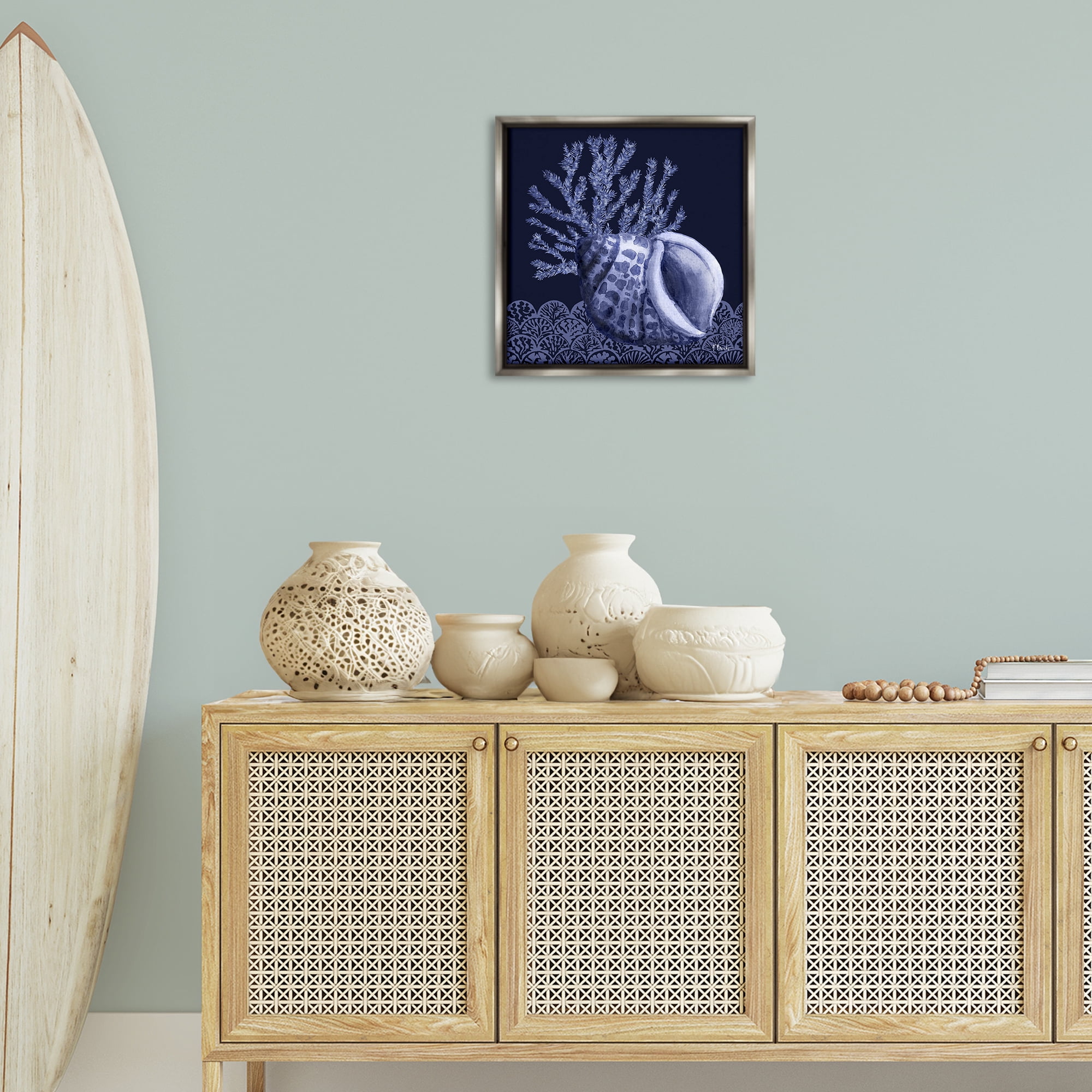 Stupell Industries Shadow Shell Patterned Nautical & Beach Painting Gray Floater Framed Canvas Art Print Wall Art, 18 x 18