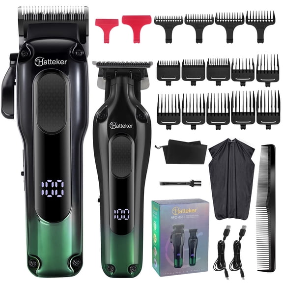 Hatteker Professional Cordless Hair Clippers & Beard Trimmer Set for Men, Rechargeable T-Blade Barber Clippers Grooming Kit