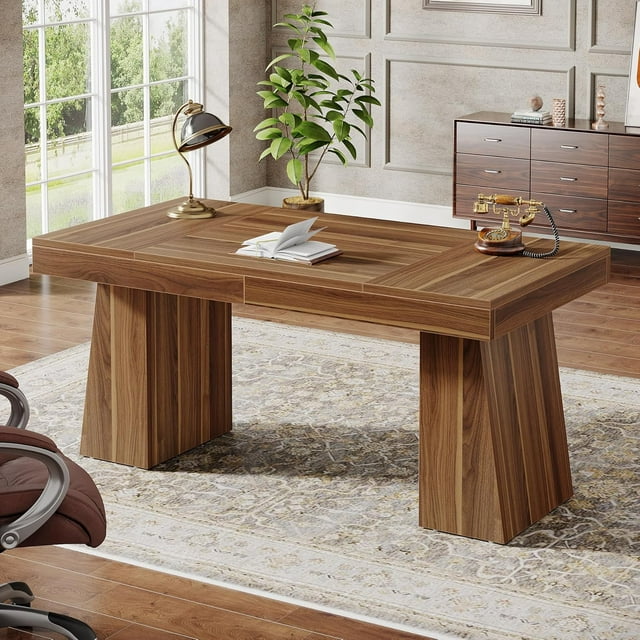 55 Inches Home Office Desk, Mid-Century Modern Executive Desk, Wooden Computer Desk