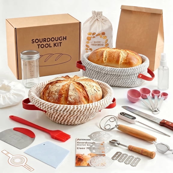 Bread Proofing Basket Set, 9" Round & 10" Oval Banneton Baskets for Sourdough, with Linen Liner, Dough Whisk, Bread Lame & Scraper for Home Baking & Artisan Bread Making