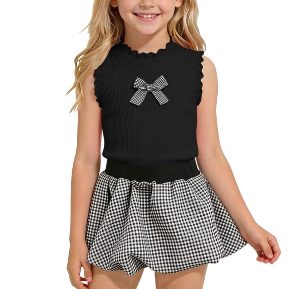 Amidoa Girls 2 Piece Outfits Summer Clothes Sleeveless Solid Color Cute Tank Top T-Shirt and Casual Shorts Kids Clothing Sets Black Size 8