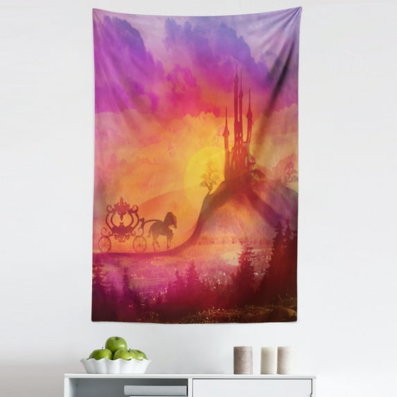 Gothic Tapestry, Gothic Medieval Castle and Carriage Horse Imaginary Kingdom Mystery Style Print, Fabric Wall Hanging Decor for Bedroom Living Room Dorm, 5 Sizes, Orange Purple, by Ambesonne
