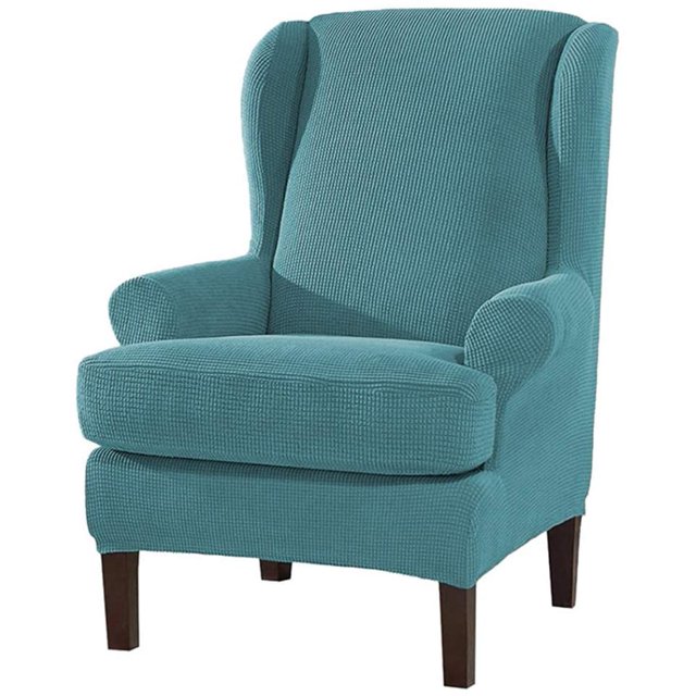 2 Piece Stretch Wingback Chair Cover Jacquard Wing Chairs Slipcover with Elastic Bottom Blue One Size