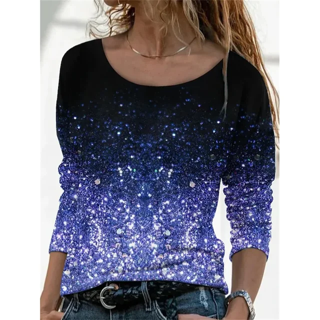 Camiseta elegante con estampado de flores para mujer, ropa de manga larga, holgada, informal, con cuello redondo, para otoño e invierno, 2023