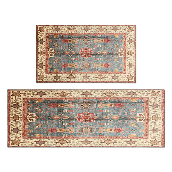 Kitchen Rugs and Mats Non Skid Washable Bohemian Vintage Orange Carpet Kitchen Mat and Rug Set,Floor Cushion Waterproof Rug,Rubber Backed Area Rugs for Kitchen Laundry