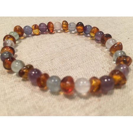 Rainbow Aura Quartz - Baltic Amber Teen Adult 6.5 to 7 inch Bracelet Rainbow Cognac Amber Pink Rose Quartz Green Fluorite Purple Amethyst Stretch