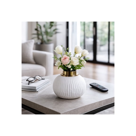 Sagebrook Home Modern Pottery and Metal Vase for Living Room Decor - Flower Vase for Dining Room, Bedroom, and Home - 6", White & Gold