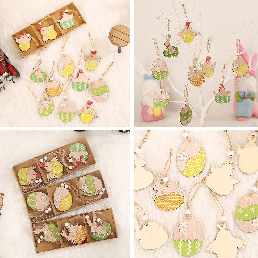 6 Pieces Easter Wooden Ornaments for Tree Happy Easter Egg Gnome Bunny