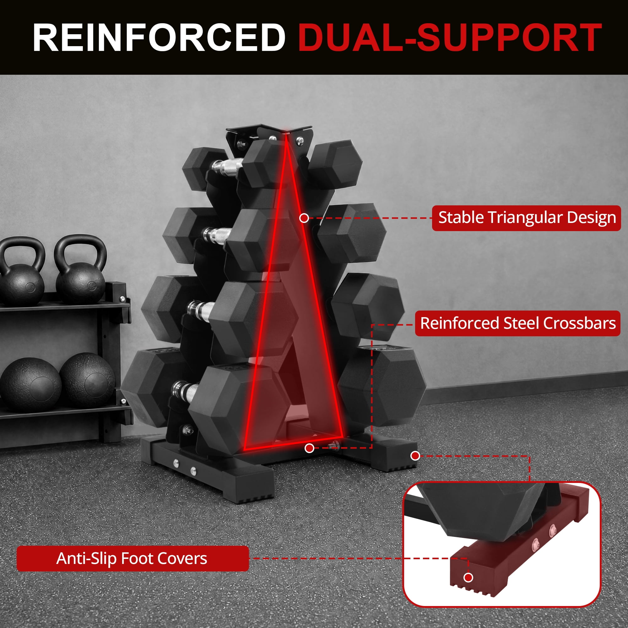 Sprint Demon 100 LB Rubber Hex Dumbbell Set with A-Frame Rack, 5-20 LB Free Weights Set for Home Gym Strength Training