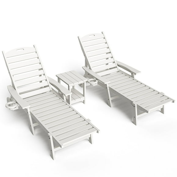 3-Piece HDPE Plastic Outdoor Patio Reclining Chaise Lounge Chairs and Side Table Set