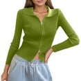 thumbnail image 1 of Women's Double Zip Ribbed Knit Cardigan Tight Fitting Crop Top With Collar, 1 of 4