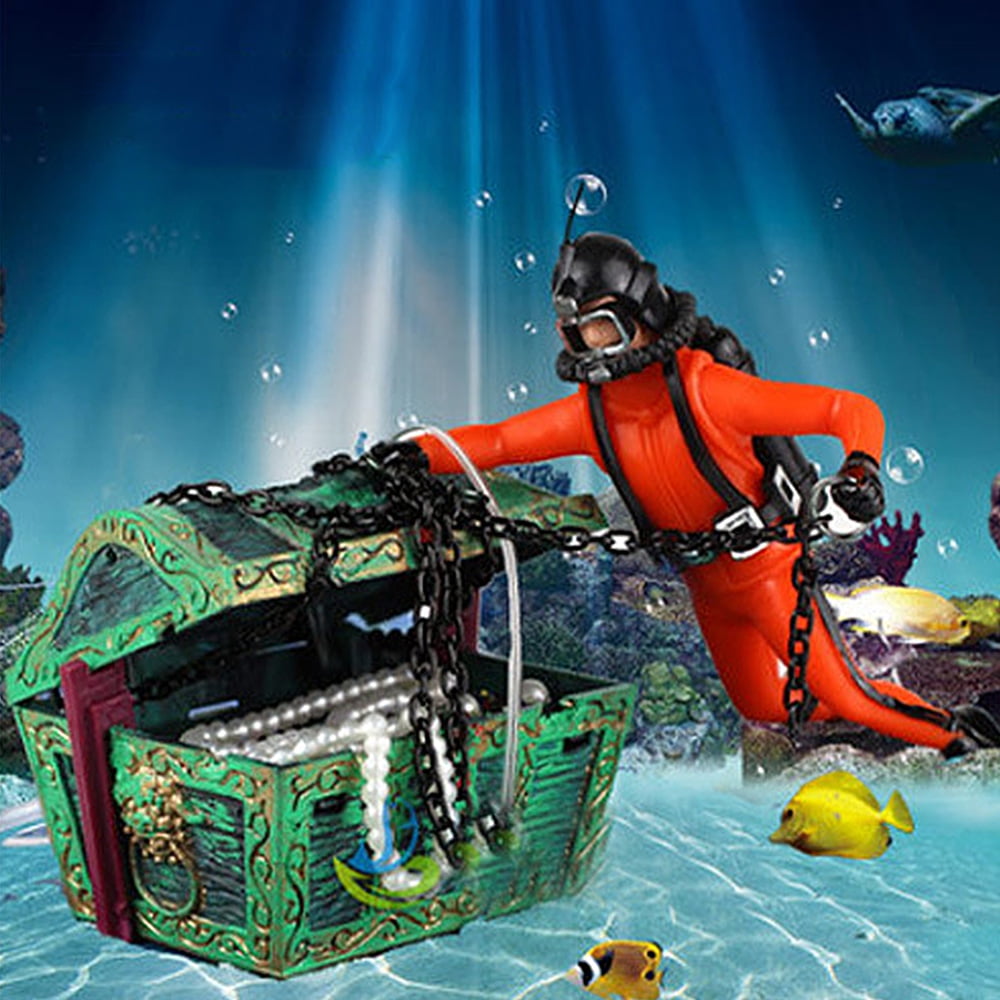 Black POPETPOP Aquarium Treasure Chest Diver Treasure Hunter Diver Action Figure Fish Tank Ornament Landscape Decoration