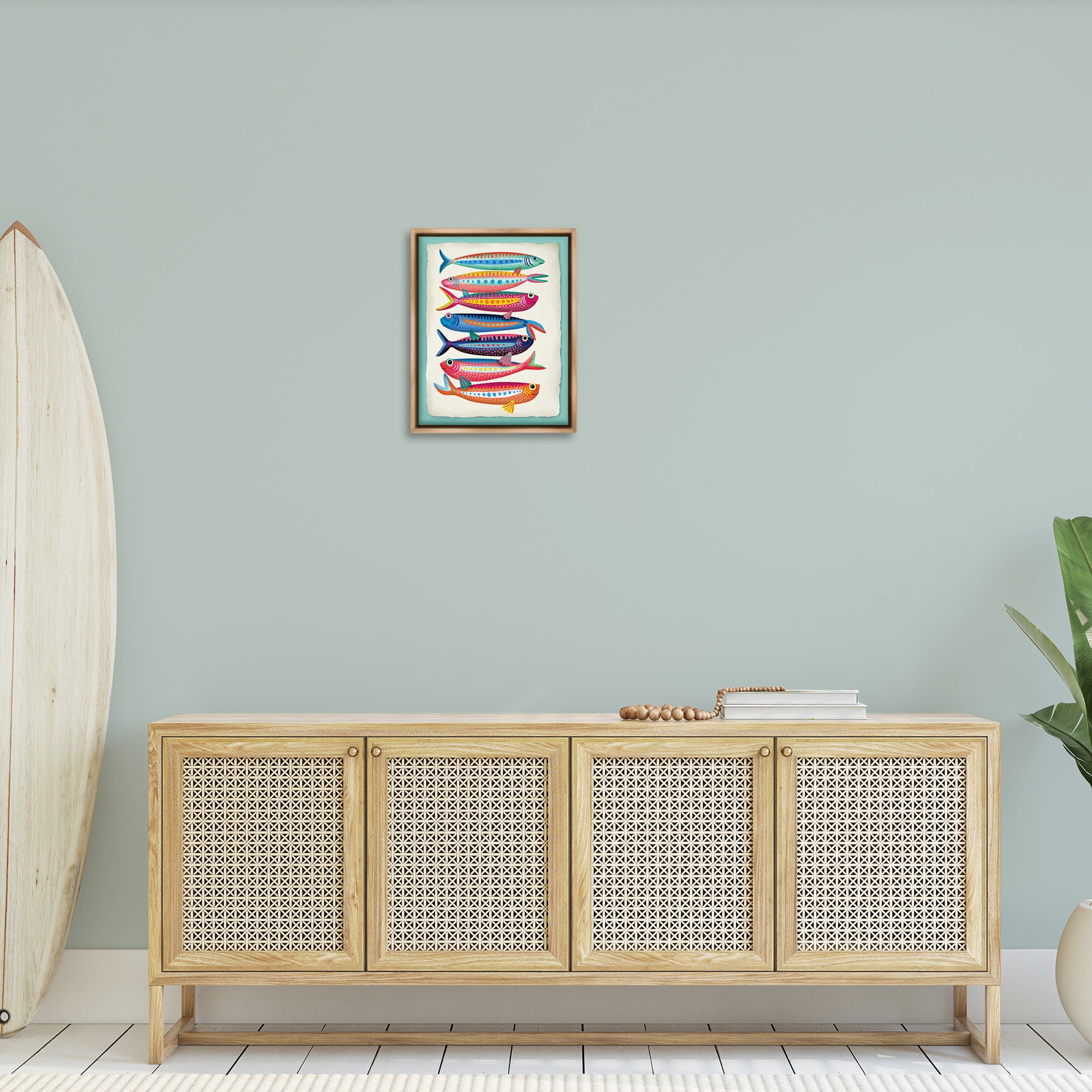 Stupell Industries Multi Hued Sardines Nautical & Beach Painting Brown Floater Framed Canvas Art Print Wall Art, 17 x 21
