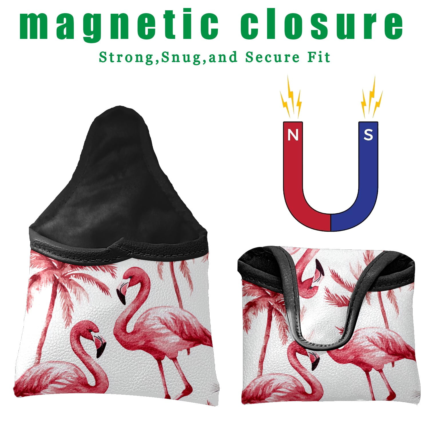 Golf Mallet Putter Cover Premium Leather Waterproof Golf Putter Head Cover with Magnetic Closure Watercolor Flamingo
