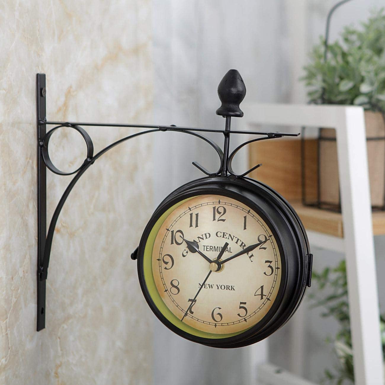 Double Side Vintage Wall Clock, Indoor/Outdoor Antique Wrought Iron Round Classic Clock, Retro Garden Patio Decor, Black