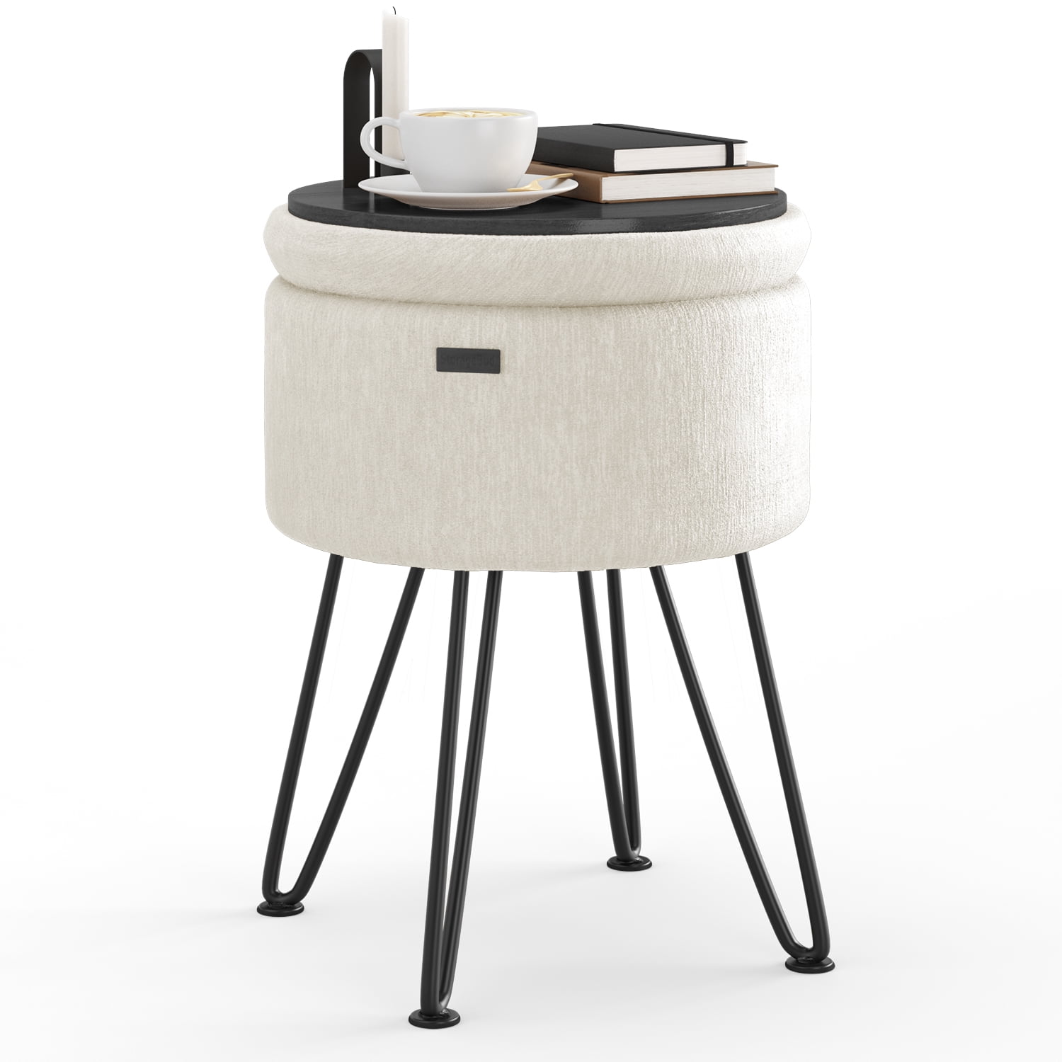 LammaLoe Small Round Ottoman with Storage, Textured Velvet Ottoman Foot Stool with Lid, Upholstered Vanity Stool for Living Room & Bedroom, Cream