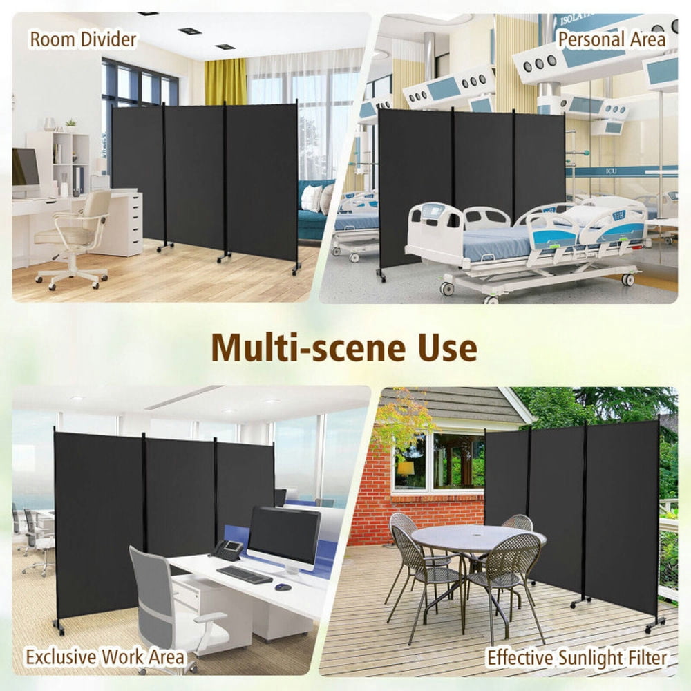Resenkos Room Separator, Room Divider Panel,3 Panel Folding Room Divider with Lockable Wheels-Gray