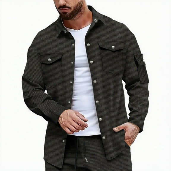 Atogsazn Mens Waffle Shirt Button Down Long Sleeve Jacket Lightweight Shacket Coat Spring Fall Clothing Tops 02-Black S Fashion