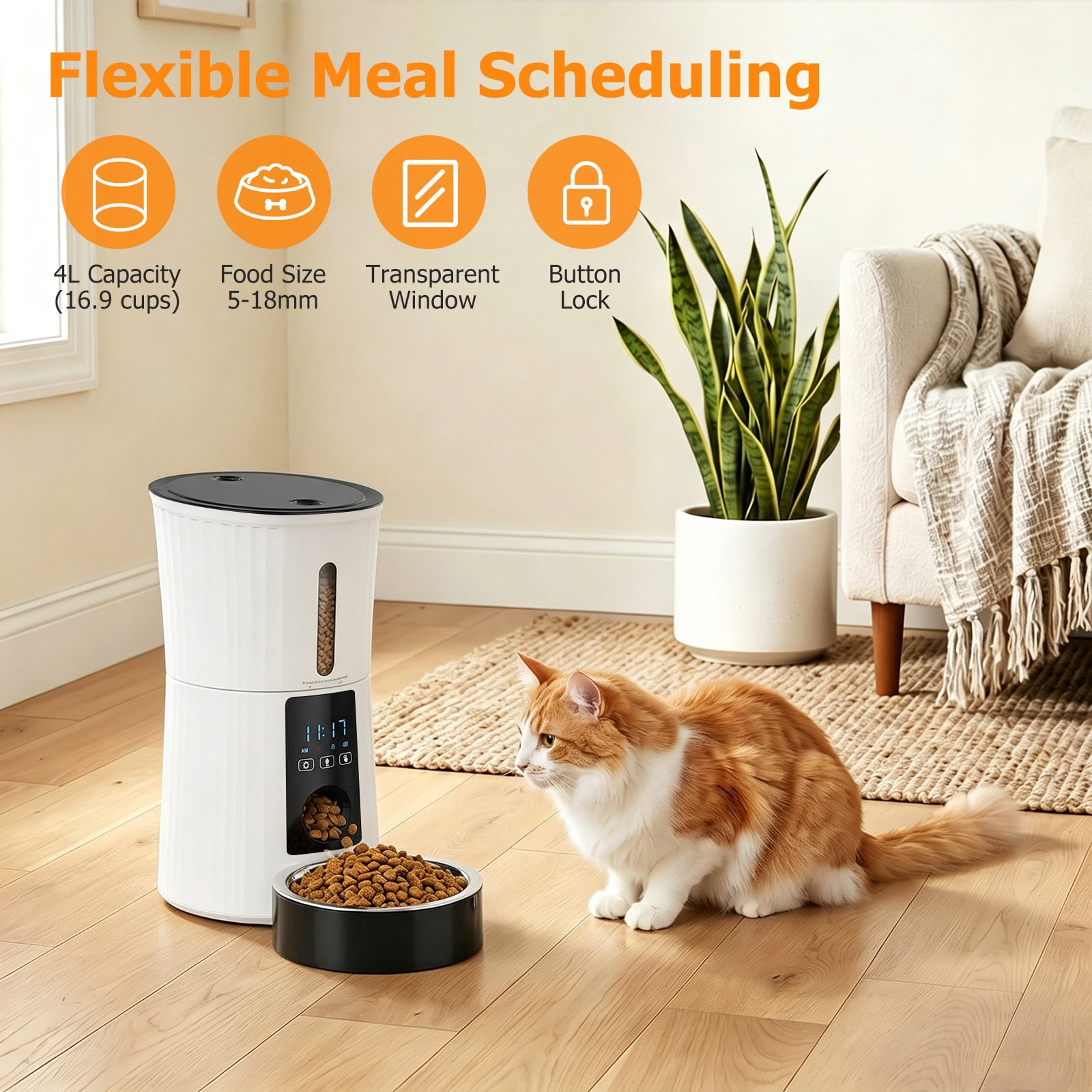 Atilioo Automatic Cat Feeder, 4L WiFi Pet Food Dispenser with App Control, Dry Food, Dual Power Supply, Timed Portion Control for Cats & Small Dogs, White
