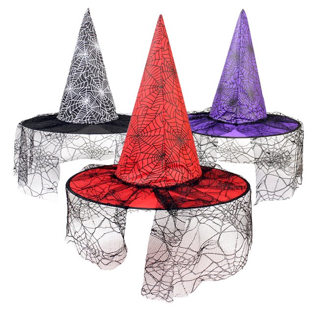 Sombrero de bruja de telaraña de Halloween de 3 piezas, accesorios de decoración, sombrero puntiagudo no tejido