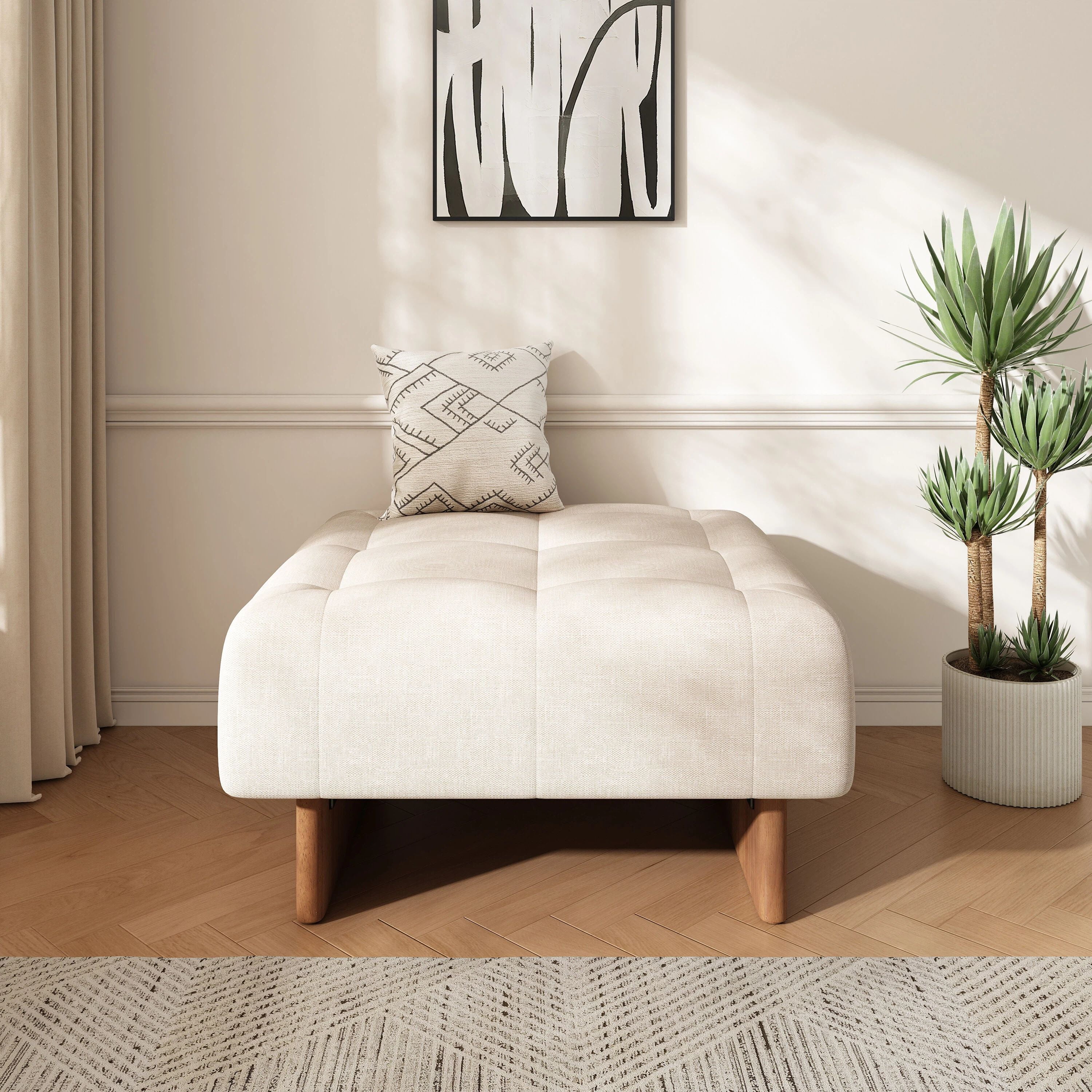 Euroco 31.5" Large Square Upholstered Tufted Linen Ottoman, Modern Accent Foot Stool Ottoman Coffee Table with Solid Wood Legs for Living Room, Beige