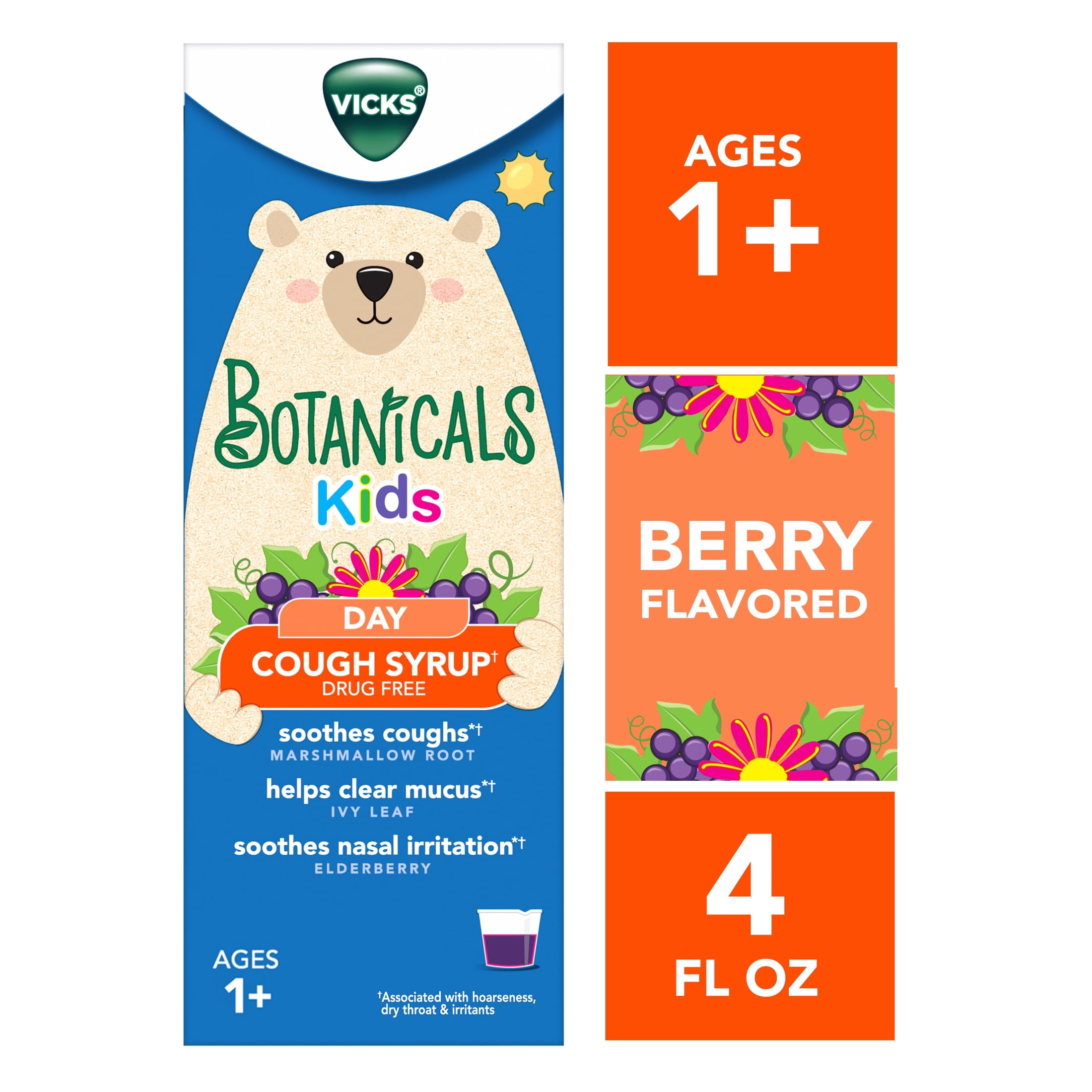 (3 pack) Vicks Botanicals Kids Cough Syrup Liquid, Daytime Cough Medicine for Children, Berry, 4 fl oz