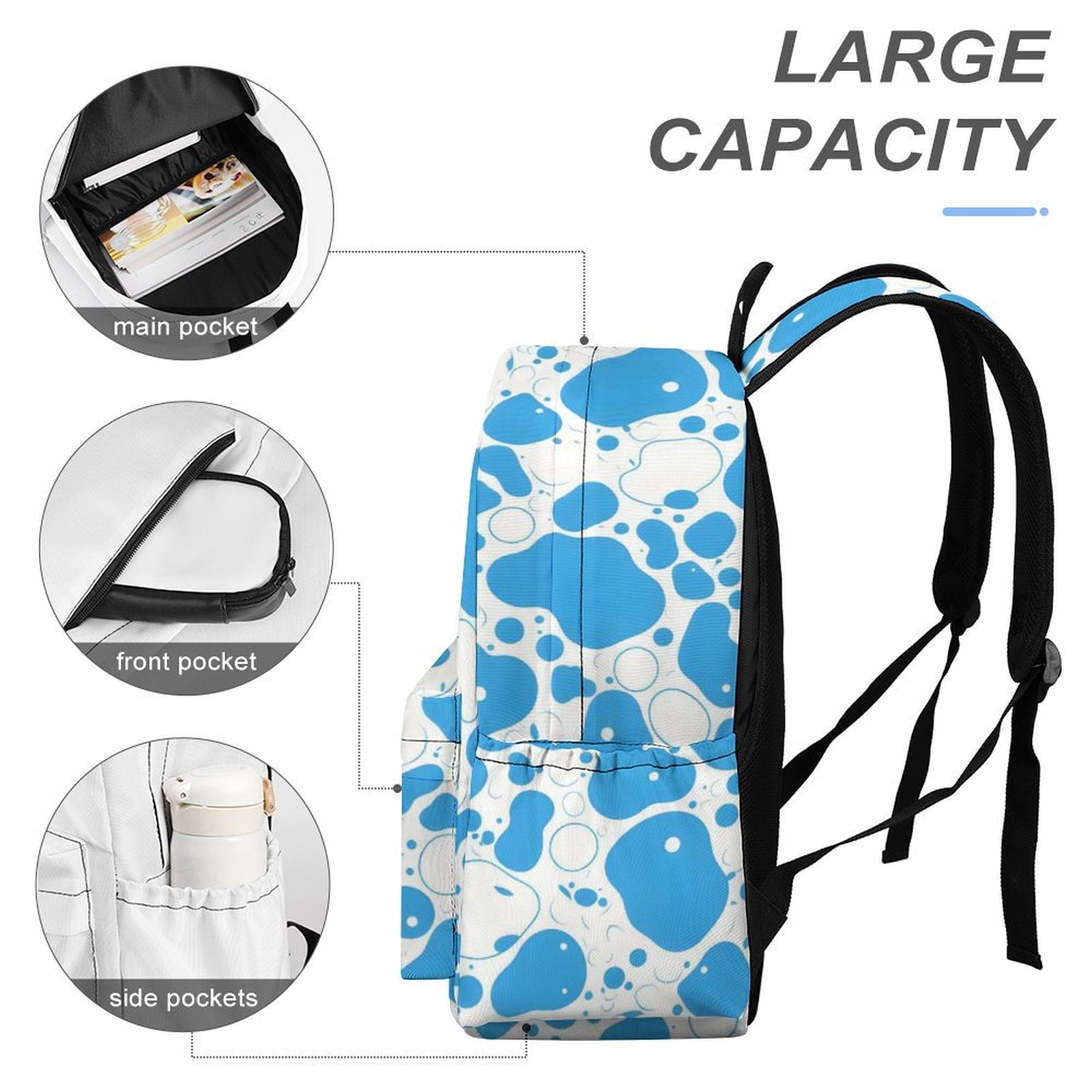 Large Capacity Half Print Backpack 11.8×16.5×5.9in Multifunctional Zipper Design Convenient Switch Milk Cow Skin Print Style PowDerBlue_3