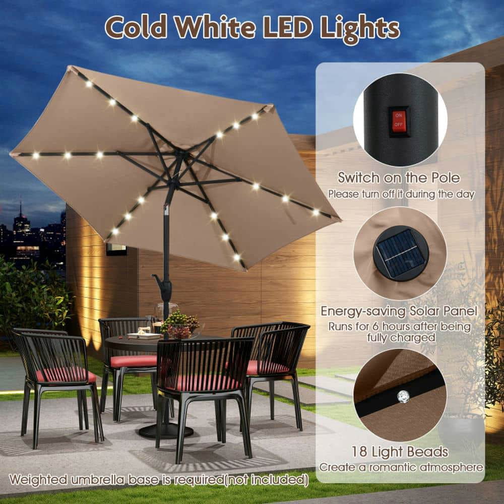 Spaco 7.5 Feet Solar Powered Patio Umbrella, Outdoor Shade with LED Lights and Crank Handle, Brown