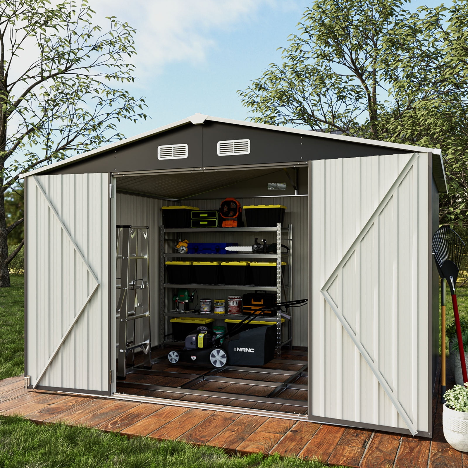 Sunmthink Outdoor Storage Shed, Metal Shed with Lockable Door & Air Vent for Backyard, Garden, Black