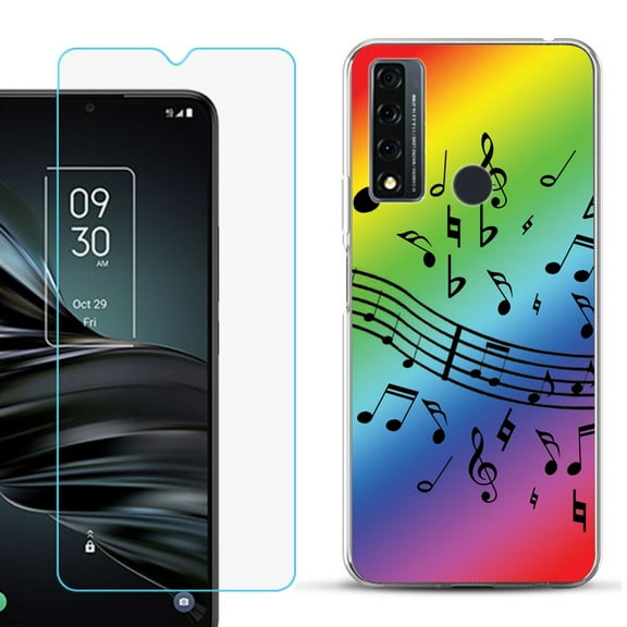 Slim-Fit Fashion Phone Case for TCL 20 XE, with Tempered Glass Screen Protector, by OneToughShield ® - Music Notes / Rainbow