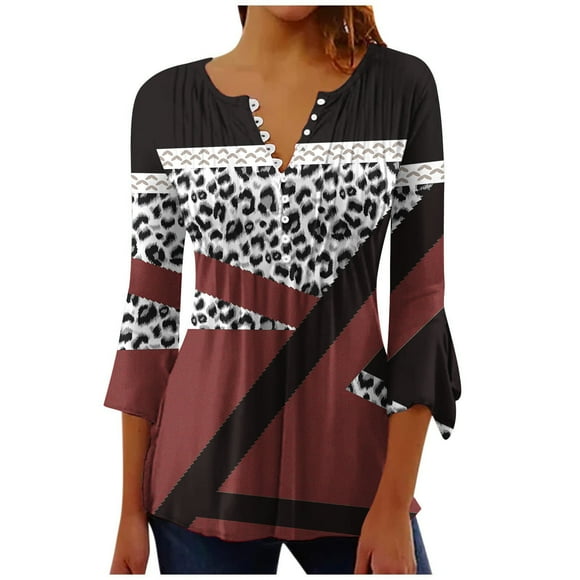 Blusas de Algodón para las Mujeres Impresas 3/4 Mangas V-Cuello Camiseta, Blusa de Algodón de Imitación Casual para las Mujeres