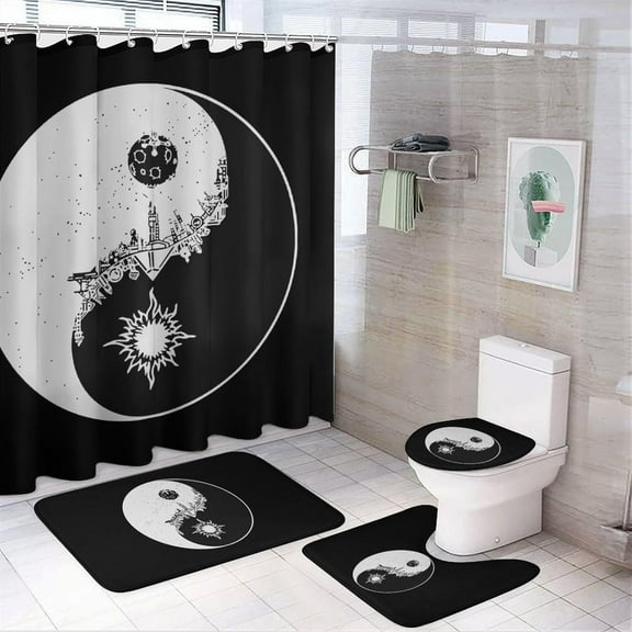Yin and Yang City Skyline 4Pcs Shower Curtain Set Washable Bathroom Sets with Toilet Lid Cover and Non-Slip Rug Bath Accessories Decor