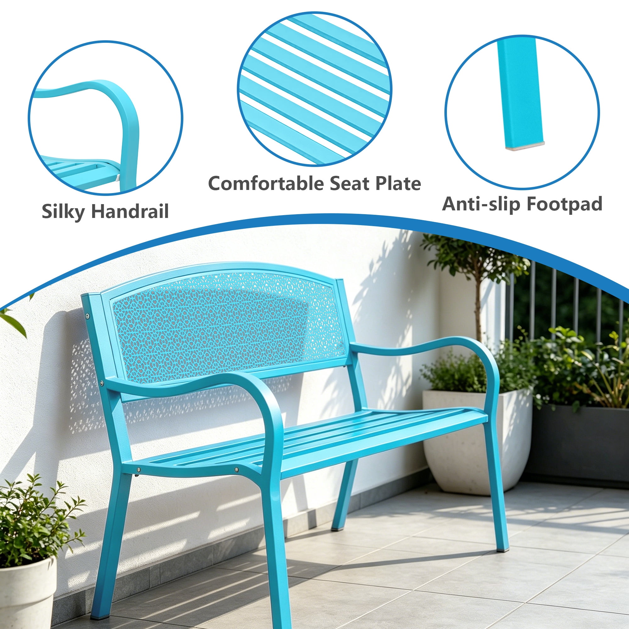 Kool 49in Outdoor Metal Garden Bench Steel Slat Patio Loveseat Park Bench for Porch Yard Lawn Patio Bench, Blue