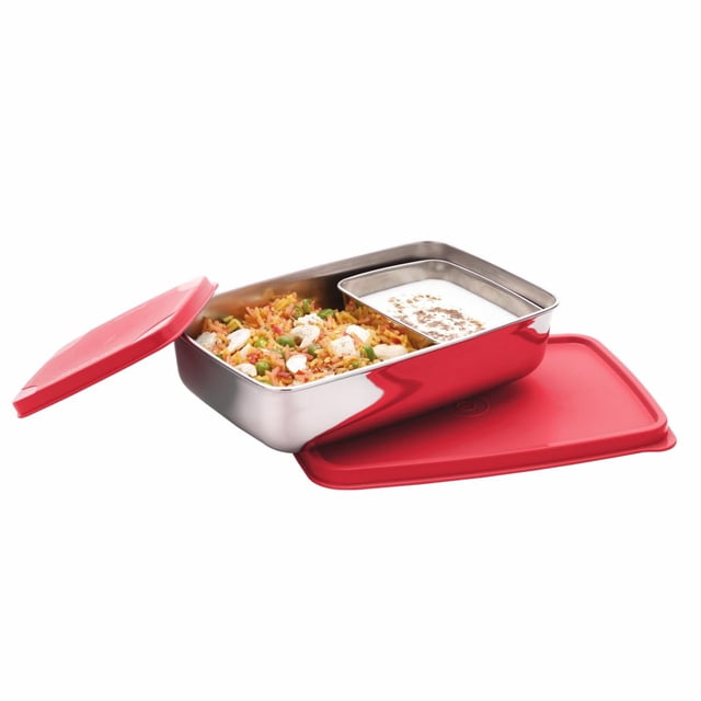 Stainless Steel Compact Small Steel Lunch Box - Red, 150ml+550ml | Two Compartments With Airtight Lid - Leak Resistant, Microwave Safe