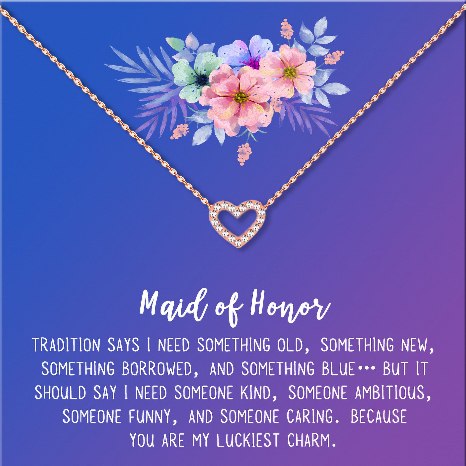 Anavia Maid of Honor Necklace Gift, Maid of Honor Sister Gift, Maid Of Honor Card for Girls, Wedding Gifts Jewelry Necklace-[Rose Gold Mini Crystal Heart, Blue-Purple Gift Card]