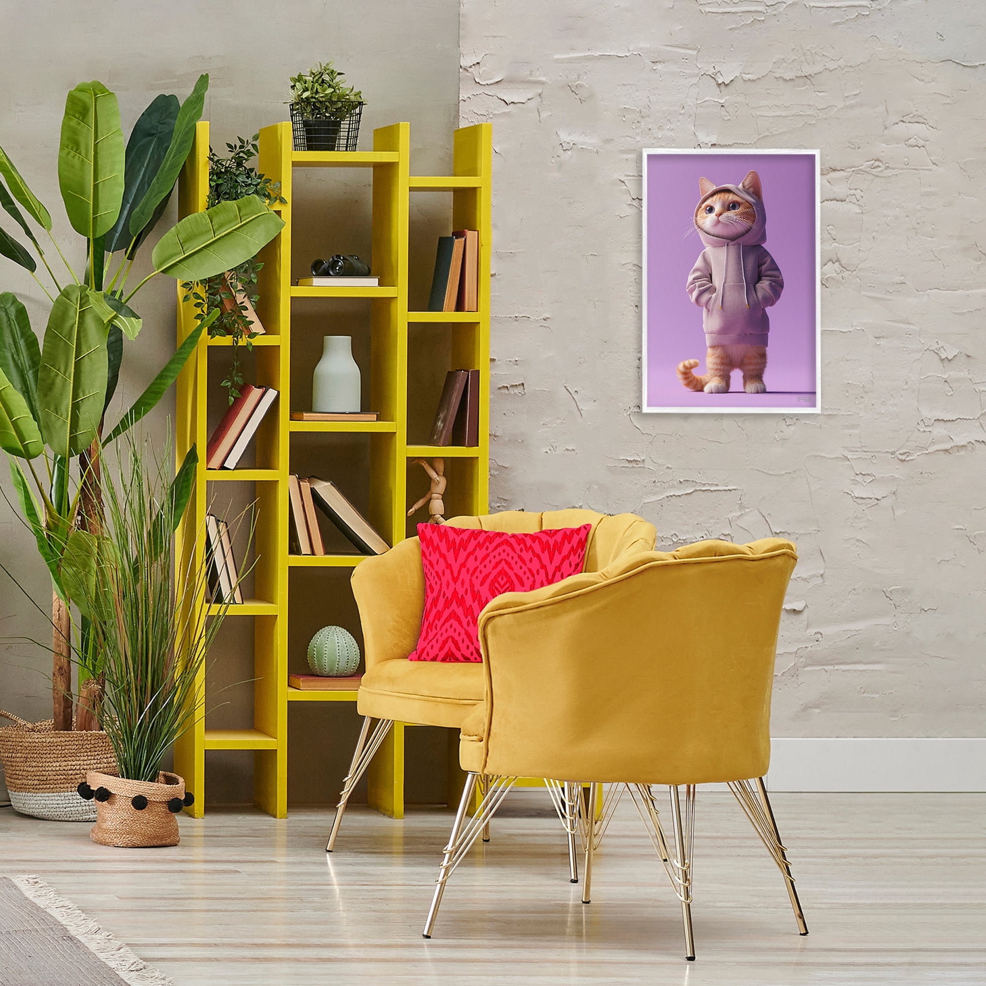Stupell Industries Trendy Cat in Purple Animals & Insects Painting White Framed Art Print Wall Art, 16 x 24