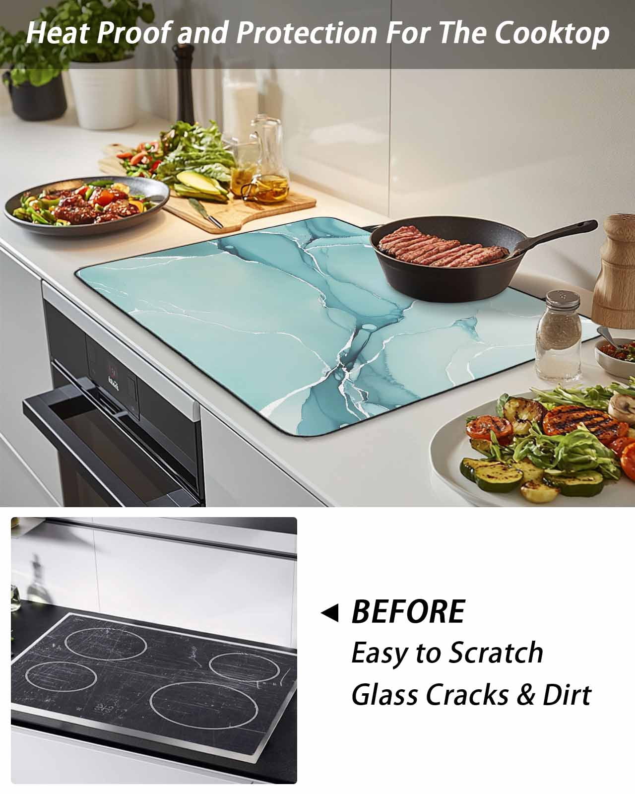 Stove Top Covers for Electric Stove, Turquoise Glass Stovetop Cover Protector, Modern Marble Ink Painting Abstract Art Induction Cooktop Protector Oven Mat for Kitchen Countertop 24"x21"