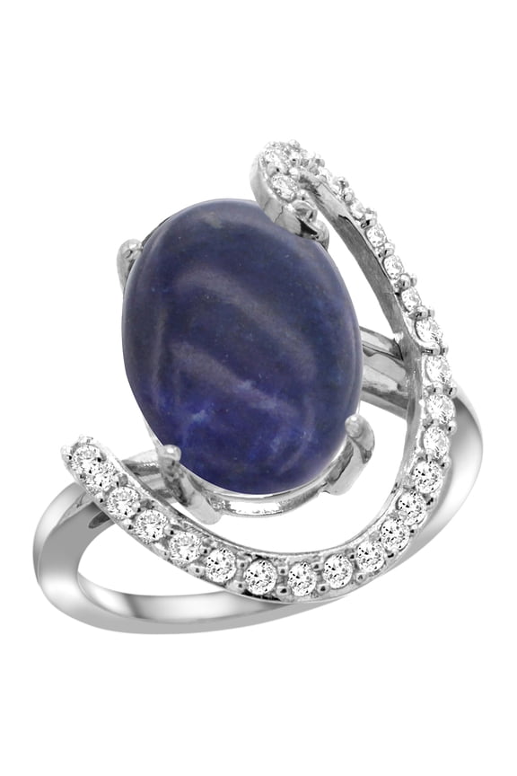 14k White Gold Natural Lapis Ring Oval 14x10 Diamond Accent, 3/4inch wide, size 10