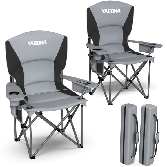 Yacona Folding Camping Chairs, Outdoor Beach Chairs for Adults with Cup Holders, 450lbs Capacity, 2 Pack, Gray ﻿