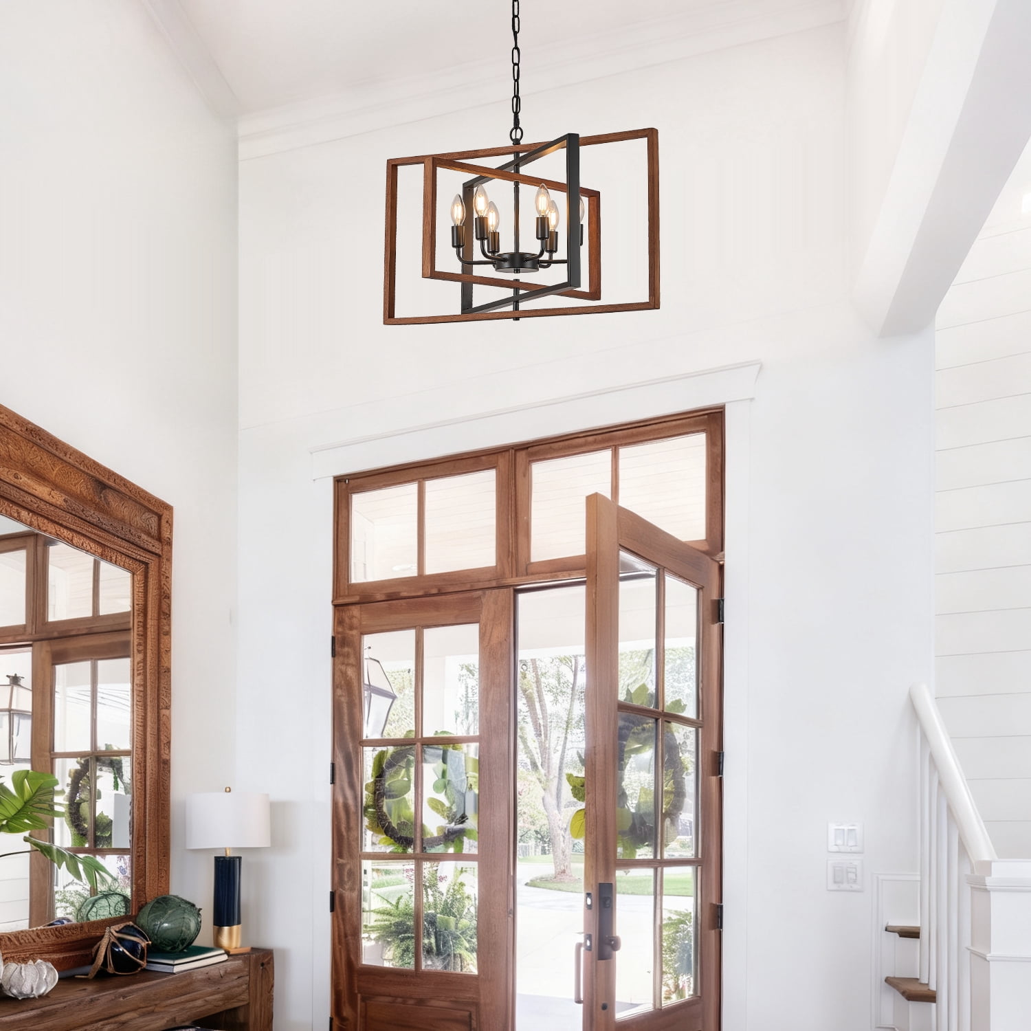 6-LightRustic Wood Chandelier 28" Geometric Farmhouse Wooden Pendant Light Fixtures