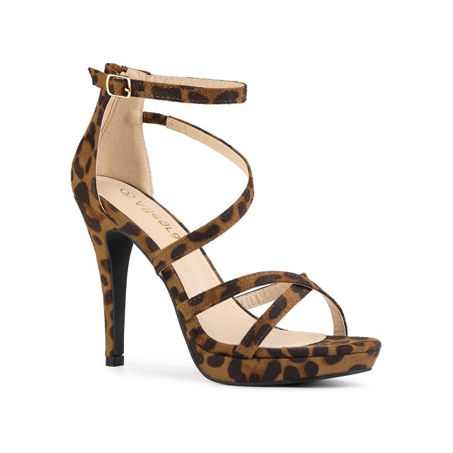 BLISSFUL STEP Women's Shoes Strappy Stiletto Heels Platform Ankle Strap Open Toe Faux Suede Sandals Leopard 6