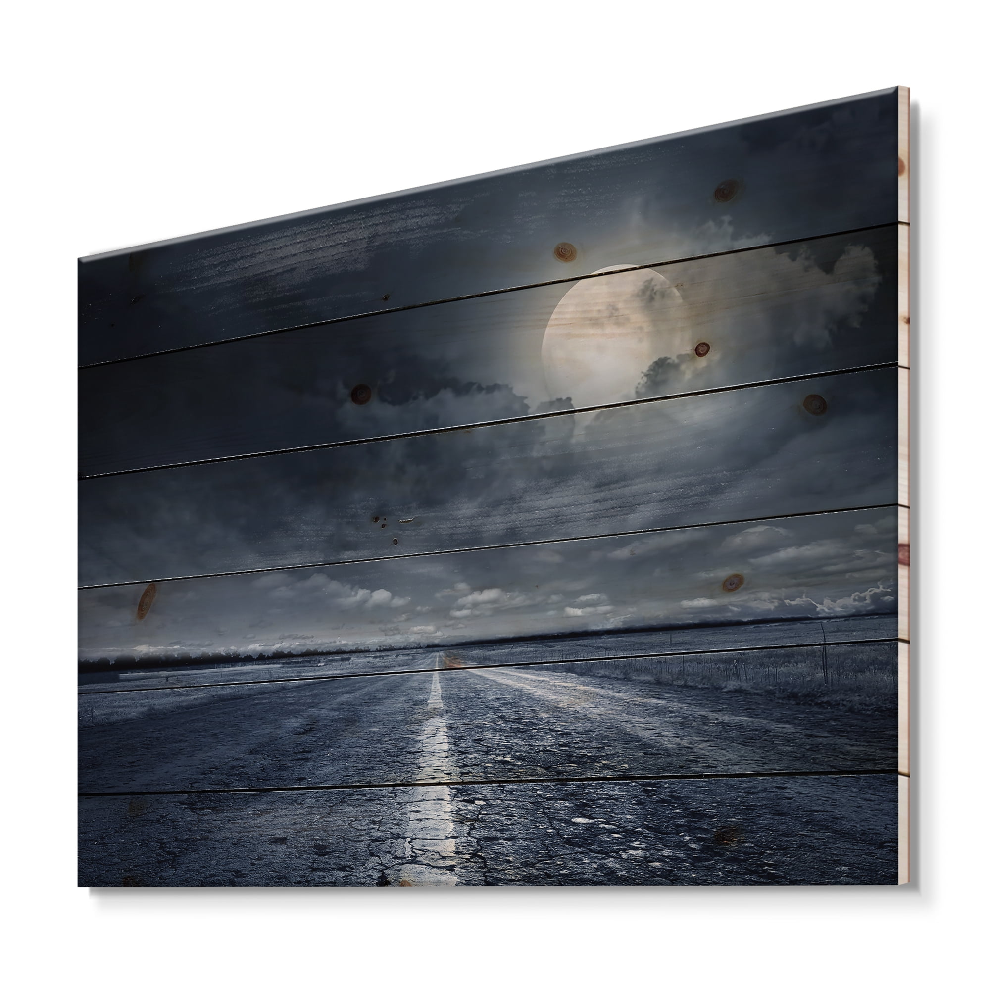 Designart 'Cloudy Full Moon Over Asphalt Road I' Nautical & Coastal Print on Natural Pine Wood