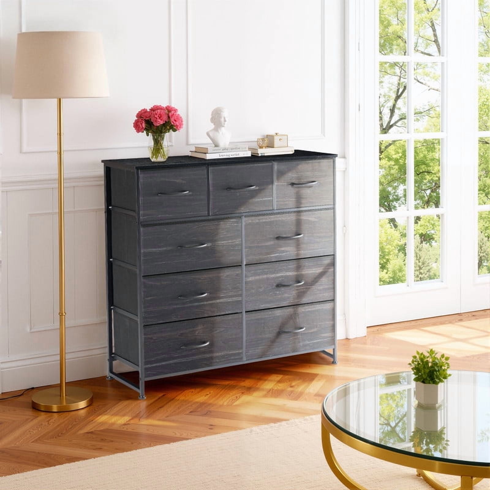 Simenmax 9 Drawers Dresser for Bedroom, Tall Fabric Closet Chests Organizer Tower Furniture with Wooden Top Metal Frame for Bed Room, Living Room, Hallway, Entryway,Black Wood