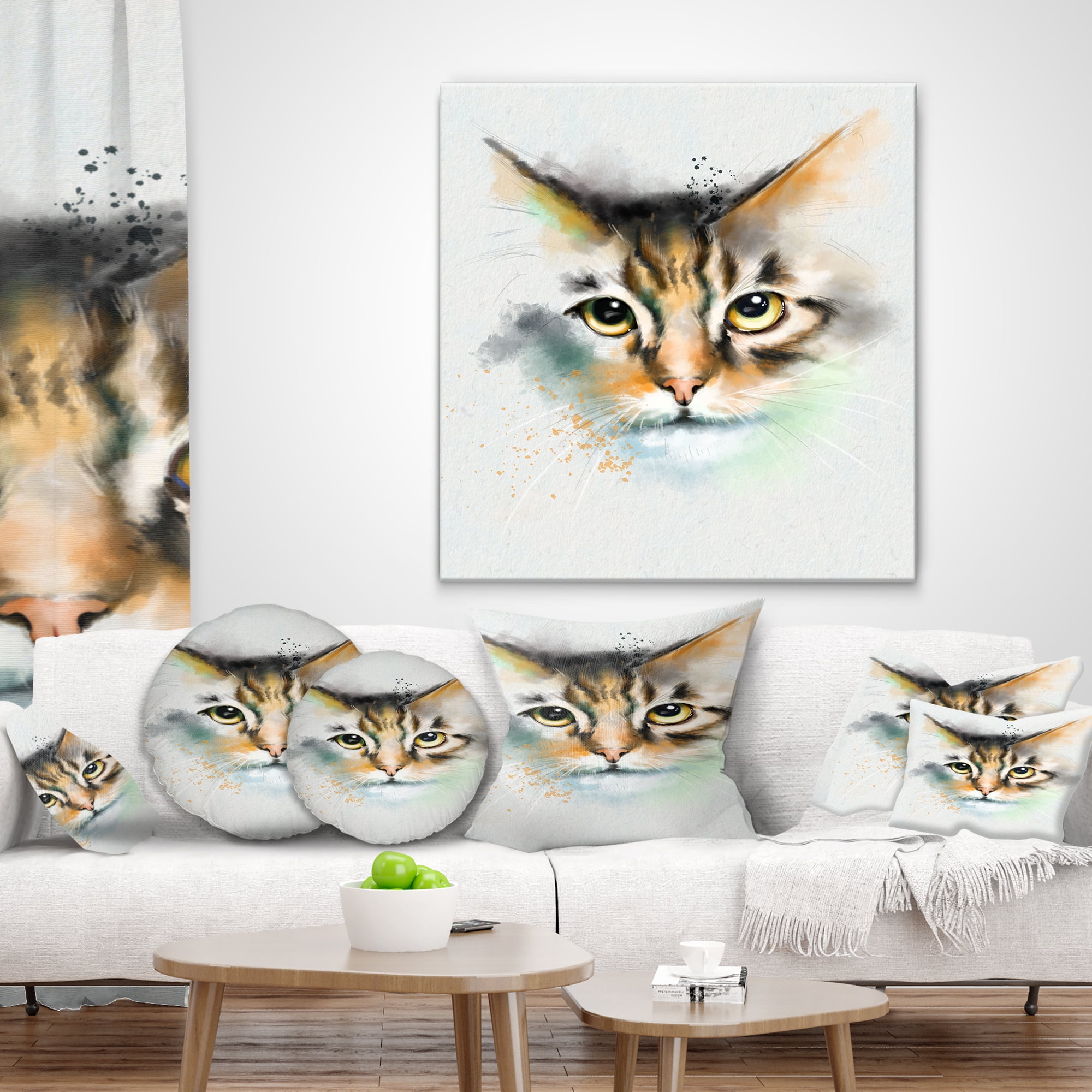Designart Strong Look of Cat Watercolor Sketch - Animal Throw Pillow - 16x16