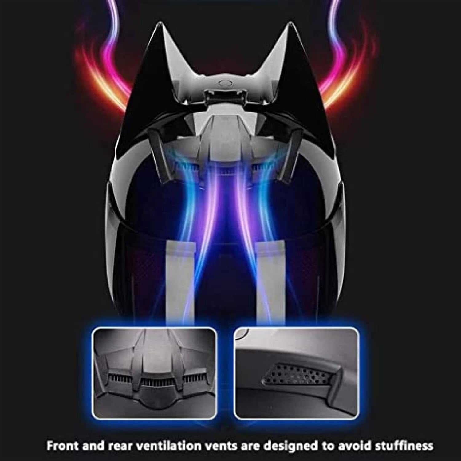 Personalized Full Face Cat Bat Ear Bluetooth Motorcycle Helmet Black Cool Adults Men Woomen Locomotive Helmet, Comfortable Breathable Scooter Moped Cruiser Jet Chopper Helmets, M（54-56cm）