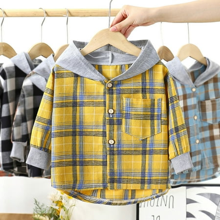 

CHAOLEI Toddler Boys Girls Long Sleeve Hooded Plaid Clothes Kids Button Down Shirt -Yellow 4-5 Years