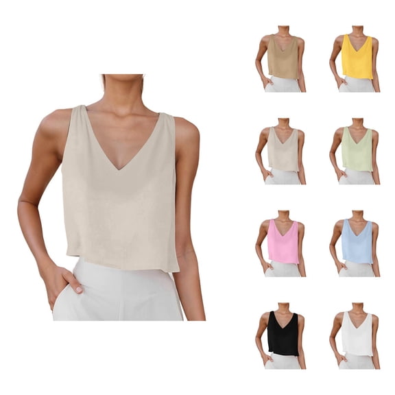 Crop Tank Tops for Women Lightweight Casual Cotton Linen V Neck Sleeveless Shirt Going out Tops Summer Outfits