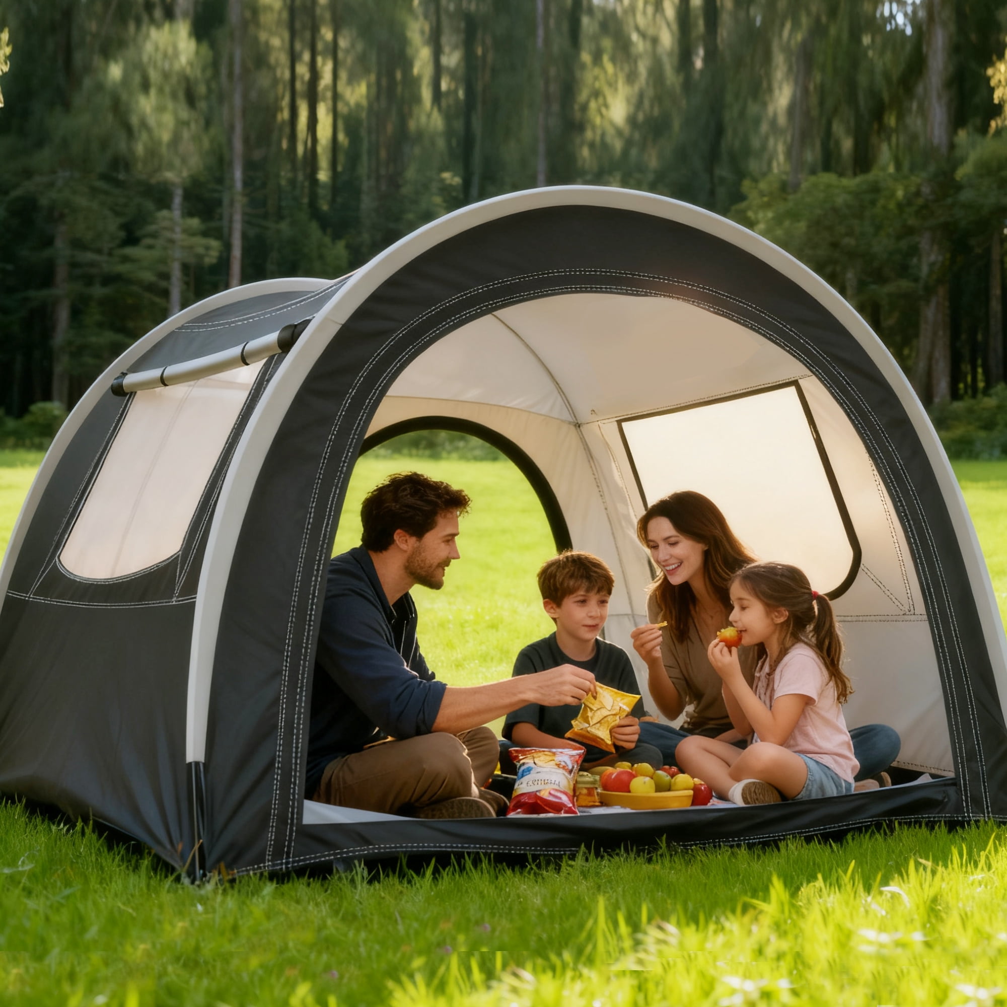 Tunnel-style camping tent, 3-4 person extra spacious, mesh breathable / PVC waterproof / Oxford fabric wear-resistant material, top skylight design, portable lightweight and easy to install